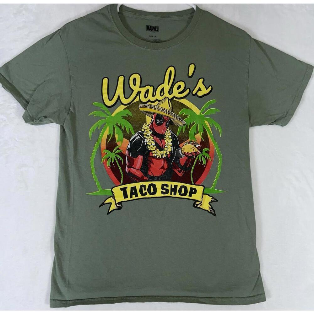 Men's Marvel Deadpool "Wade's Taco Shop" T-Shirt, Green, Short Sleeve, Size S Sm